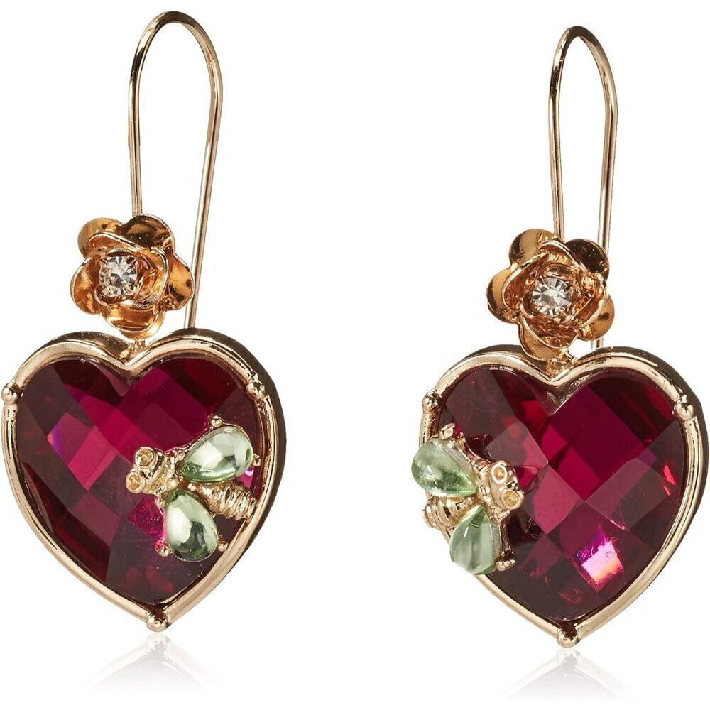 🆕Women Red and Gold Betsey Johnson Glass, Metal Stone Heart Dangle Earrings